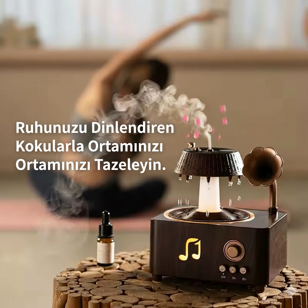 Retro Gramofon Aromaterapi Nemlendirici – Uzaktan Kumandalı, Yağmur Efektli