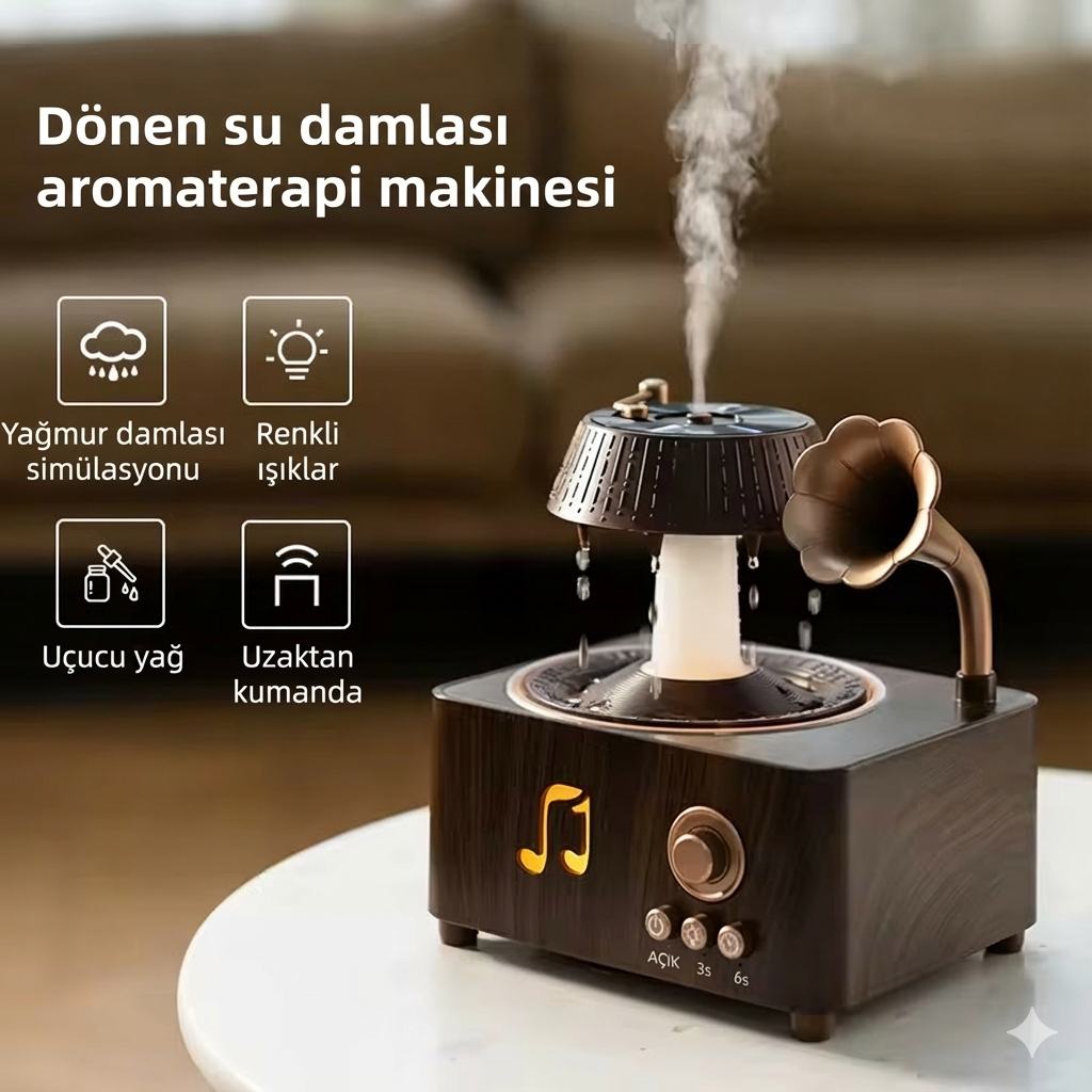 Retro Gramofon Aromaterapi Nemlendirici – Uzaktan Kumandalı, Yağmur Efektli